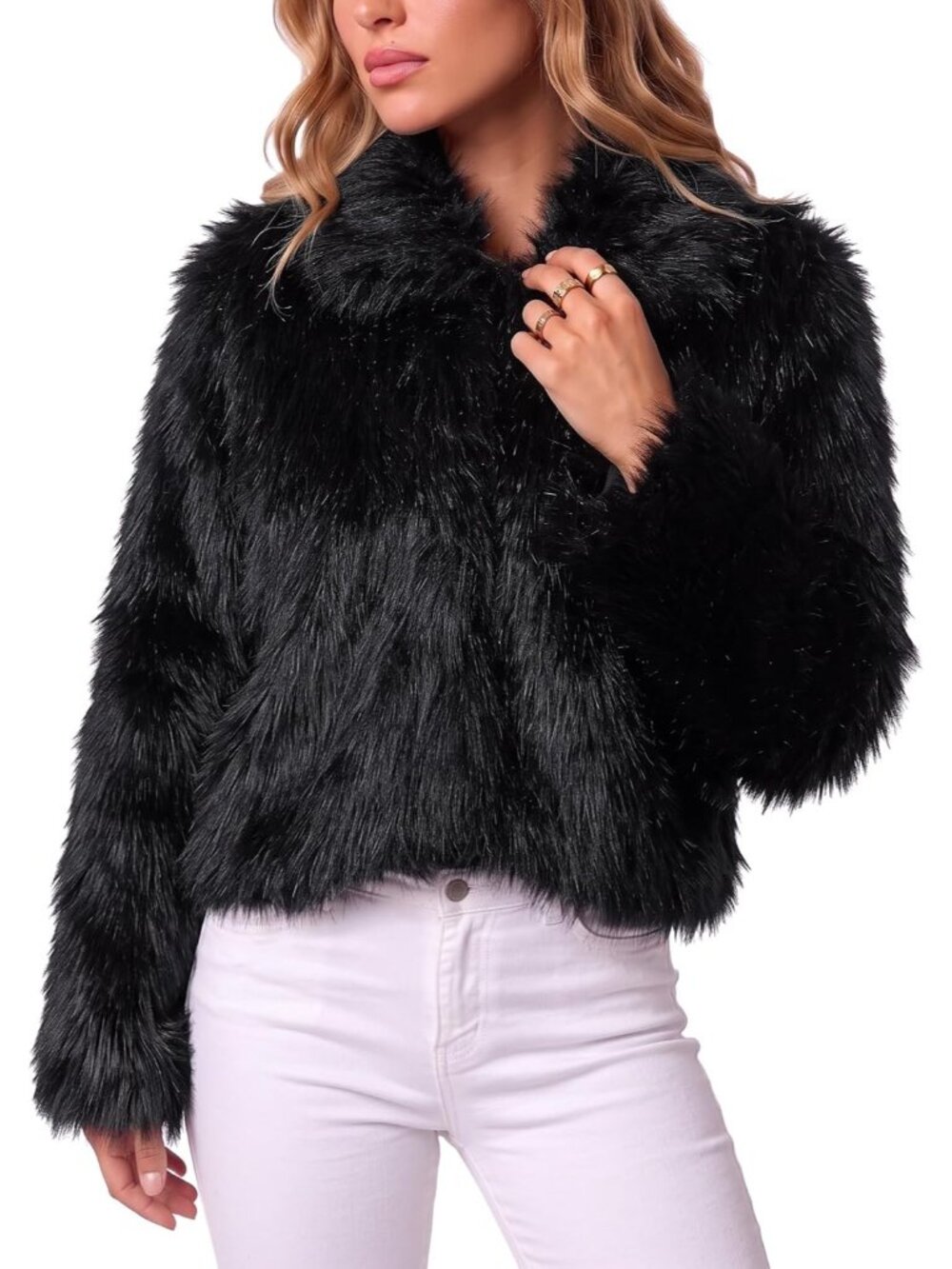 Women's Black 100% Polyester Faux Fur Cozy Collared V-Neck Shaggy Crop Coats